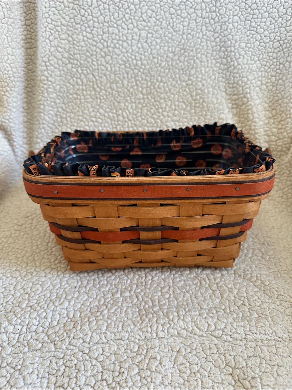 Longaberger Brown and Orange Rectangular Woven Basket with carved pumpkins Liner